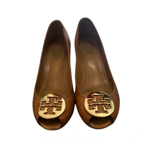 Tory Burch Sally Peep Toe Wedges Heels Brown Sz 9.5 Leather Gold Medallion Logo - Picture 3 of 7